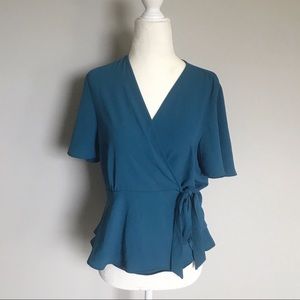 Monteau flowy sleeve wrap top blue
